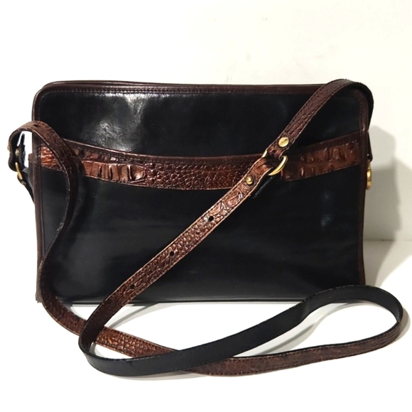 Vintage Brahmin Black Leather Croc Trim Shoulder Bag Purse